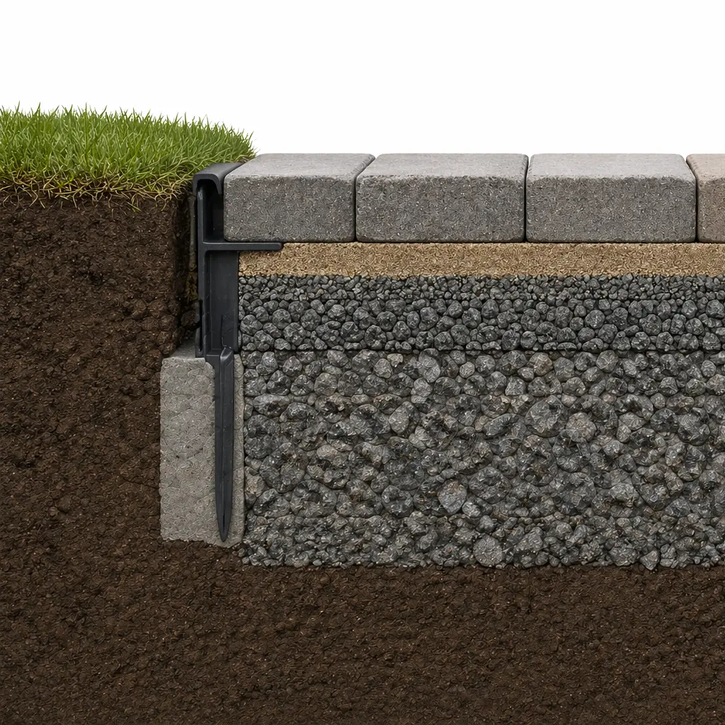 Sideview cut-out showing proper layers of a paver installation that follows industry standards